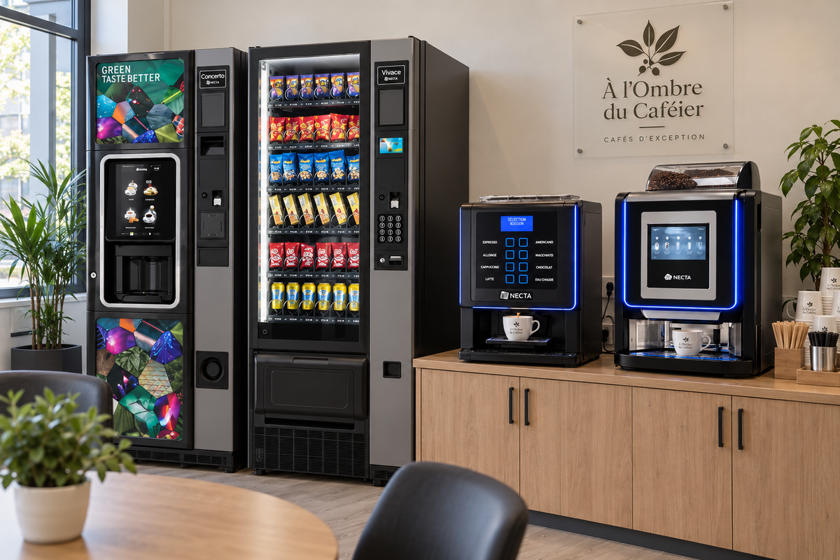 Machines à café Necta et distributeurs de boissons et snacks installés dans un espace de pause en entreprise.