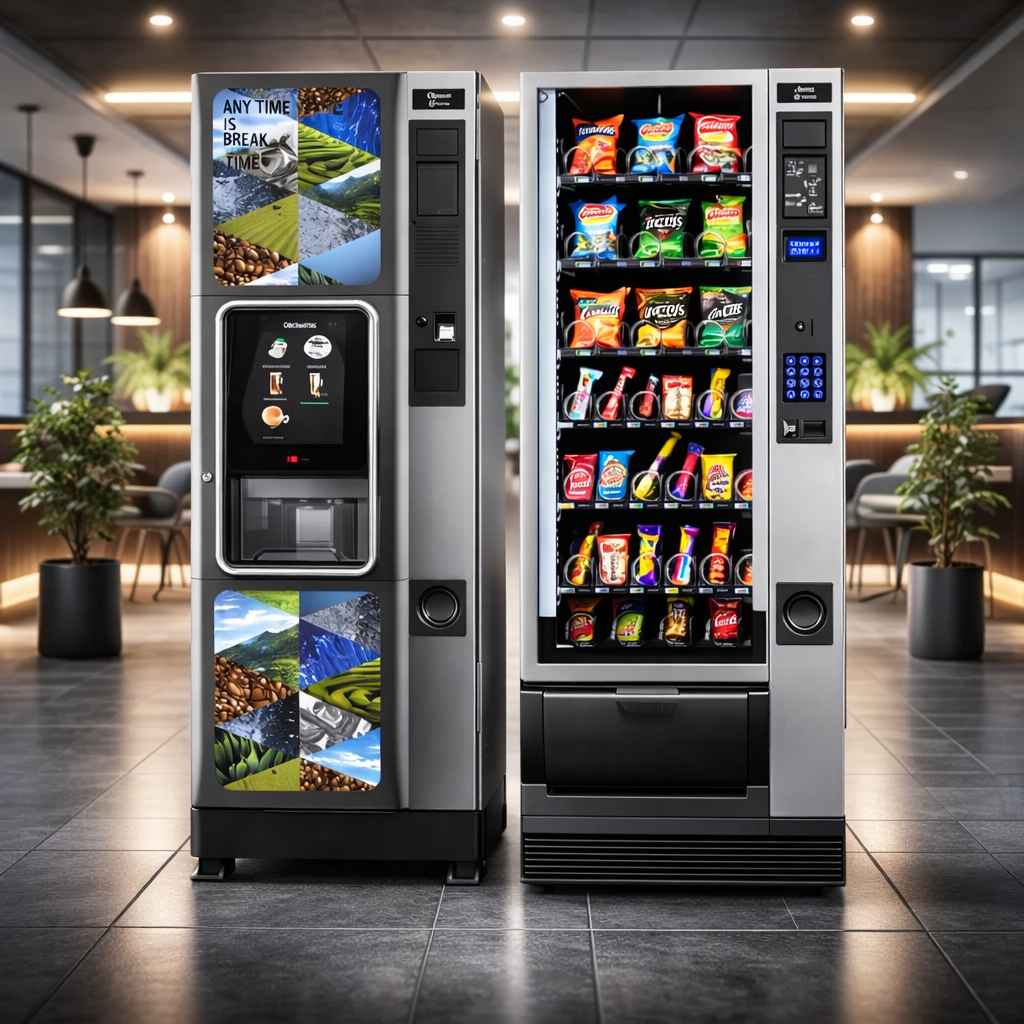 Distributeurs automatiques et machine à café en mise en dépôt gratuite dans un espace professionnel moderne