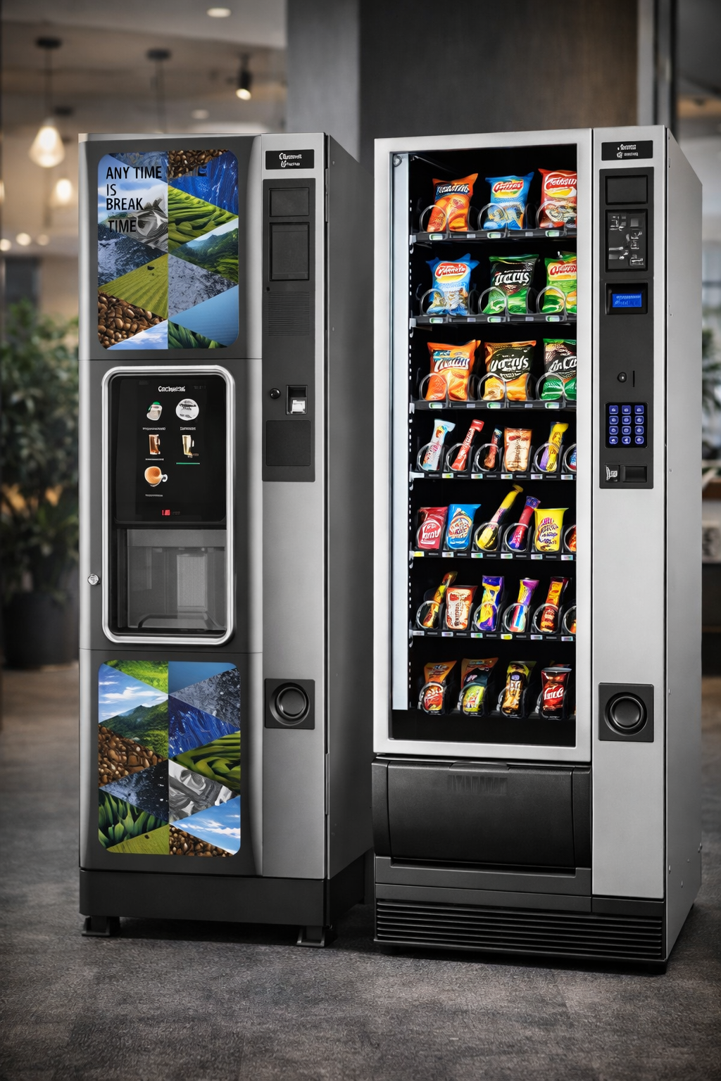 Distributeurs automatiques Necta boissons chaudes et snacks en environnement de bureau moderne